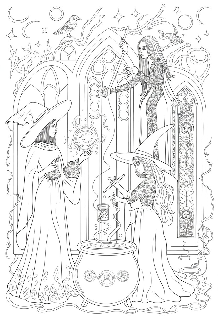 Gothic Coloring Pages for Adults: Top 20 Designs to Download as PDF and Png Files. 31 Three witches in flowing robes surrounded by gothic arches, magical objects, and mystical symbols.